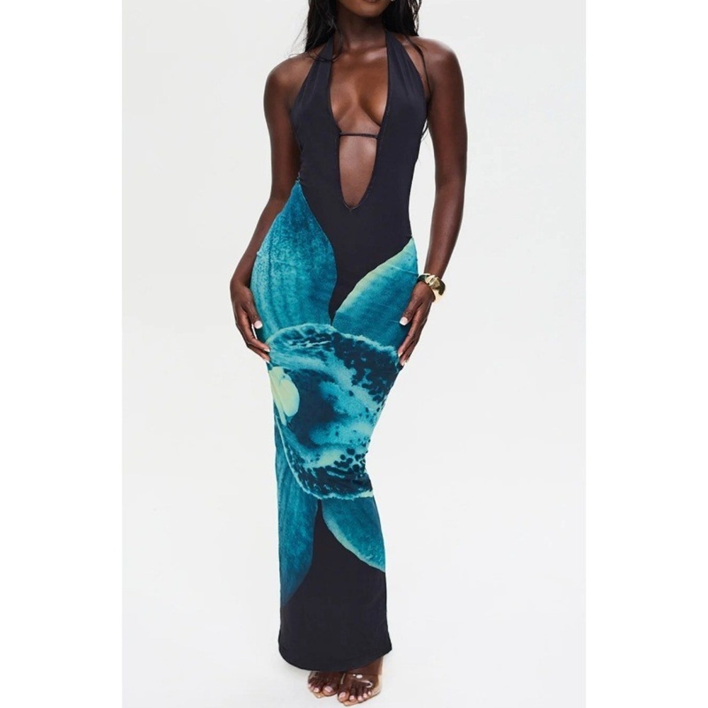 Murci Women's Blue and‎ Teal Aurelia Deep V Neck Mesh Maxi Dress Size US 6 NWT